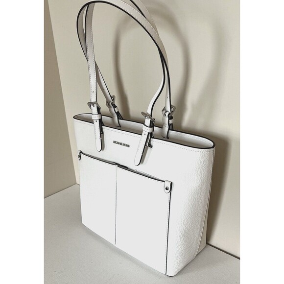 New Michael Kors Jet Set Travel Medium Double Pocket Tote Optic White - Picture 2 of 7